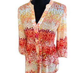 Hope Springs Orange & Yellow Dotted Smocked Button 3/4 Sleeve Sheer Blouse Small